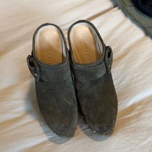 Veronica Beard Olive Suede Slip-On Mules with Buckle